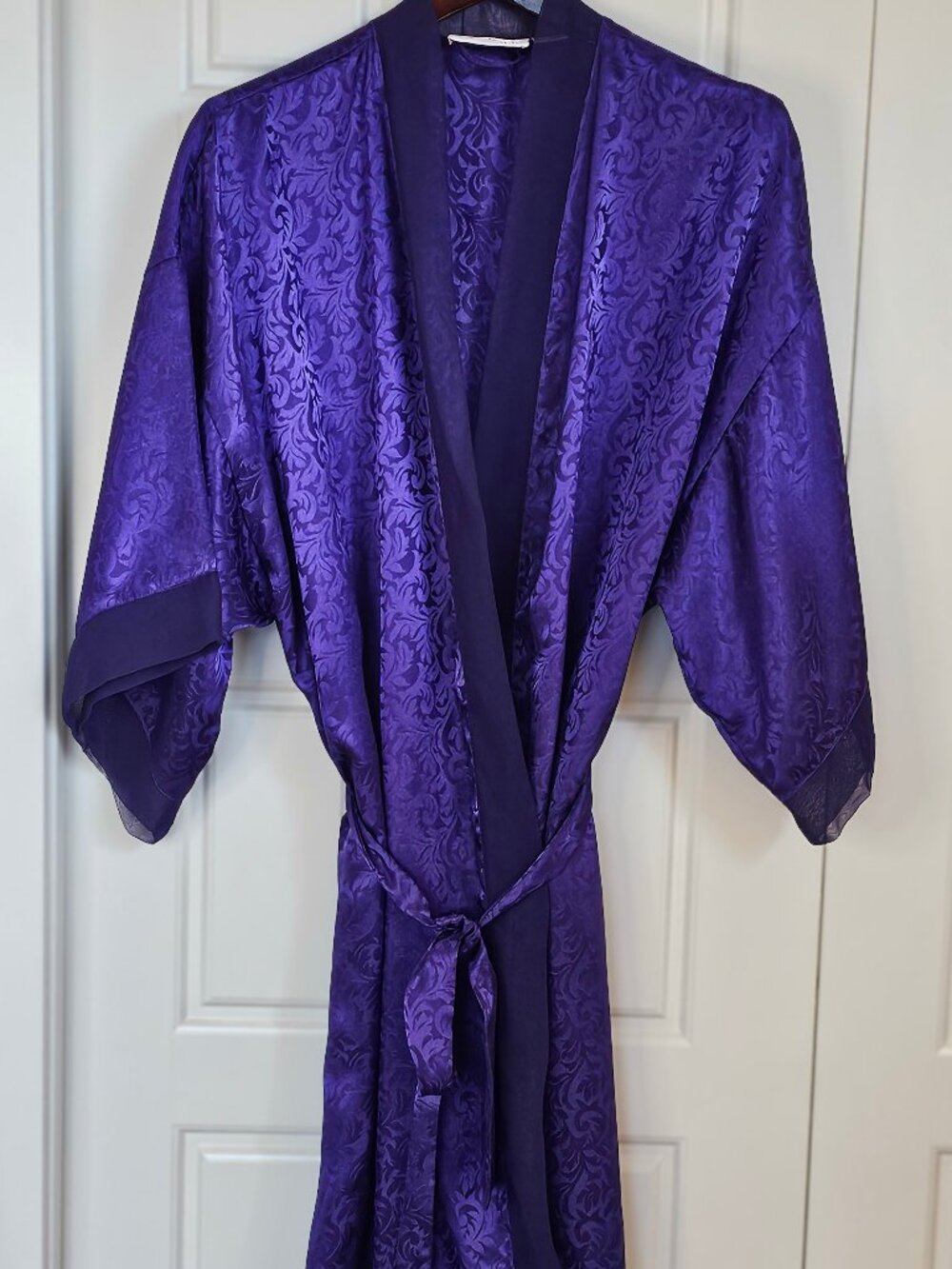 Y2K Cacique Purple Floral Jacquard Kimono Robe Lingerie Size L Belted Vintage